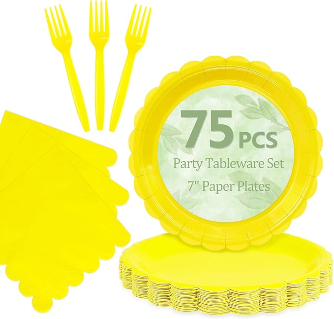 Mulbozy 75 Yellow Plates and Napkins Disposable Set Includes 25 Dessert Cake Scalloped Plates, Cocktail Napkins & Forks, for Fork 25 Guests Holiday Party Supplies.