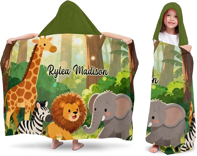 Jungle Giraffe Lion Zebra Personalized Hooded Towel Absorbent Wrap Soft Pool Beach Bath Towels Hood Poncho for 5-12 Years Kids Boys Girls