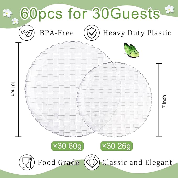 Festiva 60PCS Clear Plastic Plates - Heavy Duty Weave Pattern Fancy Disposable Plates -serve for 30 guests Include 30PCS 10" & 30PCS 7" Plates for Party&Wedding (Clear)