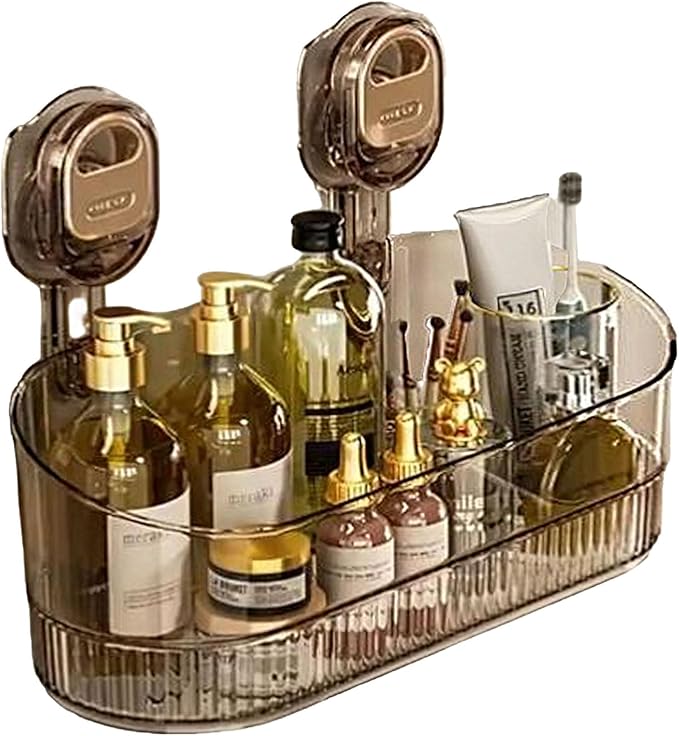 No-Drill Bathroom Suction Storage Box – Large Capacity & Strong Load-Bearing, No Drill Bathroom Shelves Drain Rack Organizer, Hanging Shower Caddy Suction Cups Heavy Duty (Gold)
