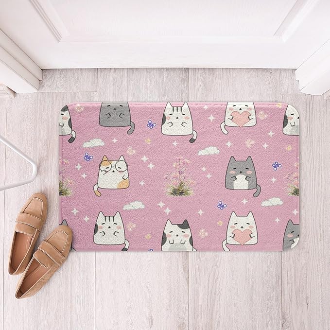 Erosebridal Kawaii Cat 20"X32" Door Mat for Girls Pink Cute Kids Bath Mat Cartoon Kitten Animal Bathroom Rug Flower Butterfly Cloud Stars Entrance Rug
