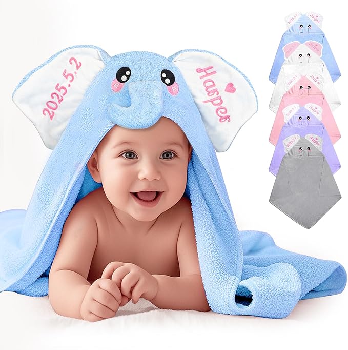 Baosity Custom Hooded Baby Towel with Name, Personalized Soft Absorbent Elephant Bath Towels, Shower Towels for Girls Boys, Easter Brithday Christmas for Baby, Toddler, Newborn Essential