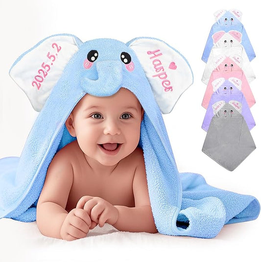 Baosity Custom Hooded Baby Towel with Name, Personalized Soft Absorbent Elephant Bath Towels, Shower Towels for Girls Boys, Easter Brithday Christmas for Baby, Toddler, Newborn Essential