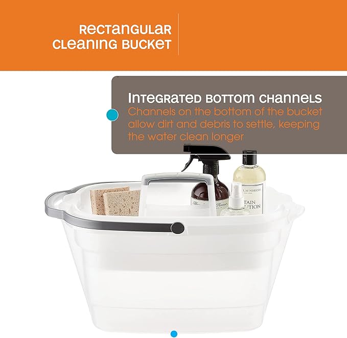 Casabella Plastic Multipurpose Cleaning Storage Caddy with Handle, 1.85 Gallon, Gray and Orange & Plastic Rectangular Cleaning Bucket with Handle, Clear, 4 Gallon
