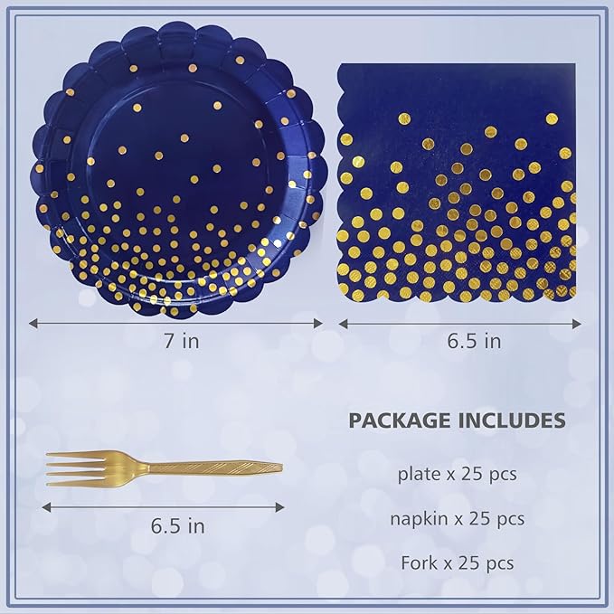 Navy Blue and Gold Paper Plates and Napkins,7 Inch Navy Blue and Gold Scalloped Disposable Dessert Plates Paper Napkin Fork Party Supplies for Wedding Baby Shower Birthday(25 Guest)
