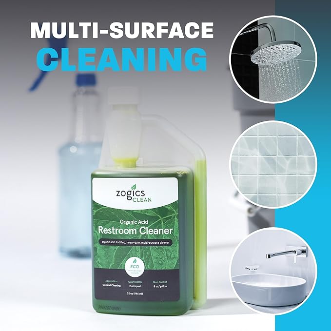 Zogics Organic Acid Restroom Cleaner, 32 oz Bottle Makes up to 16 Quarts - Meets ECOLOGO Standards