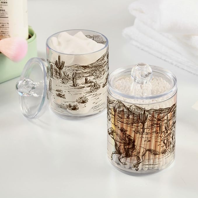 Blueangle 4 Pack Western Desert Cowboy Qtip Holder Dispenser for Cotton Ball, Cotton Swab - Plastic Apothecary Jar Set for Bathroom Canister Storage Organization