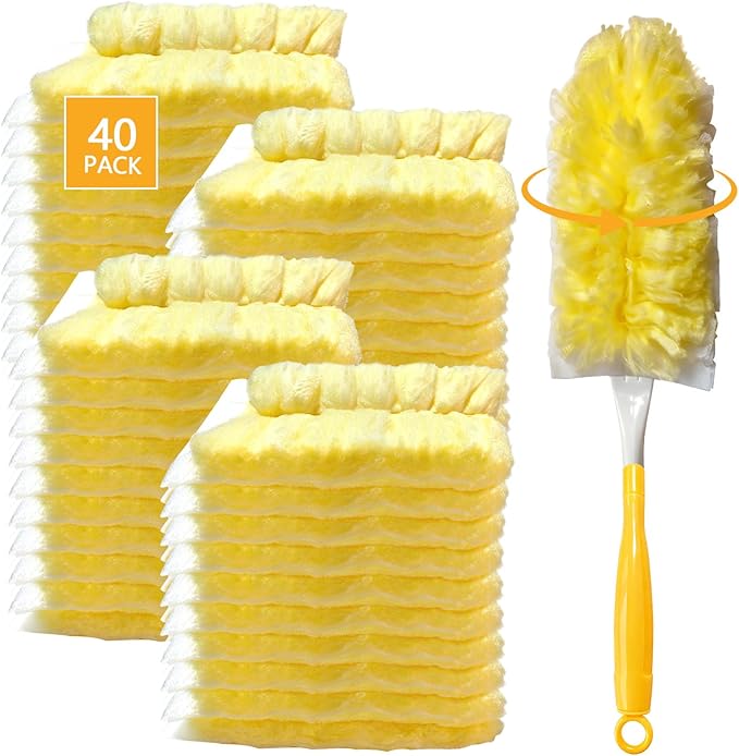 40 Pack Duster Refills Kit Disposable for Swiffer Duster Handle,360° Deep Cleaner Heavy Duty Replacement with 1 Handle,for Home, Blinds, Car, Pet, Furniture, Fans(Yellow)
