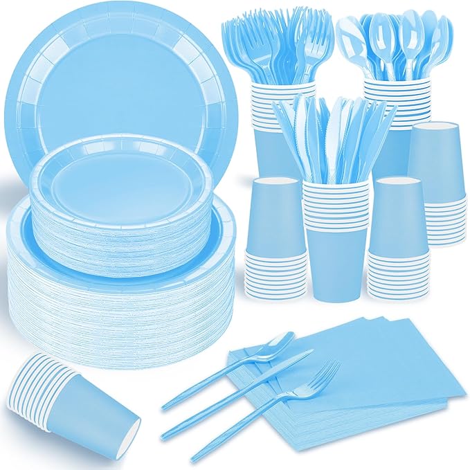 228PCS Light Blue Party Supplies Set Include Paper Plates Cups Paper Napkins Plastic Spoons Forks Knives for 30 Guests Disposable Party Dinnerware for Birthday Wedding Family Picnic
