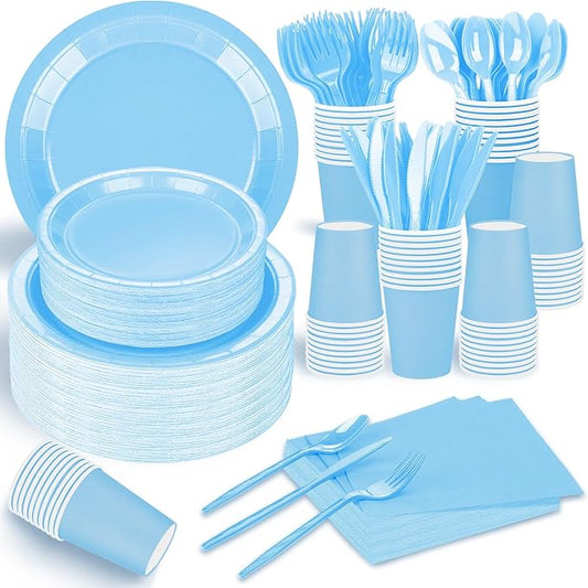 228PCS Light Blue Party Supplies Set Include Paper Plates Cups Paper Napkins Plastic Spoons Forks Knives for 30 Guests Disposable Party Dinnerware for Birthday Wedding Family Picnic