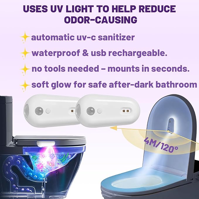 Self Cleaning UV Toilet Sanitizer Light, Light for Toilet, Motion-Activated, Smart Toilets Seat Odor, Easy Tool-Free Installation for Elderly & Pet, 2 Free Hygiene Toilets Seat Lifters (2PCS)