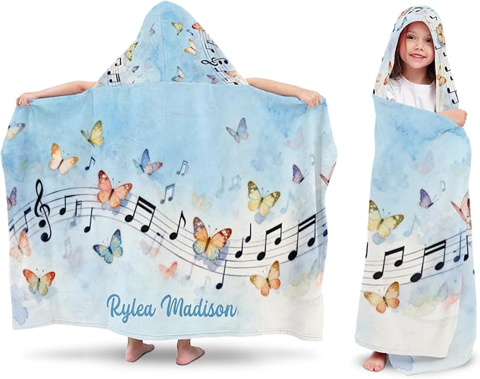 Music Notes Butterfly Blue Personalized Hooded Towel Absorbent Wrap Soft Pool Beach Bath Towels Hood Poncho for 5-12 Years Kids Boys Girls