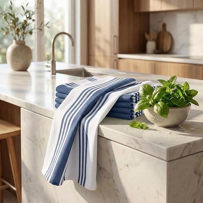 Urban Villa Kitchen Towels 100% Cotton Dish Towels for Kitchen (Set of 6) 20”x30” Dish Cloths Highly Absorbent Kitchen Linen Set with Hanging Loop Perfect for Drying Dishes Cleaning Towels-Blue White