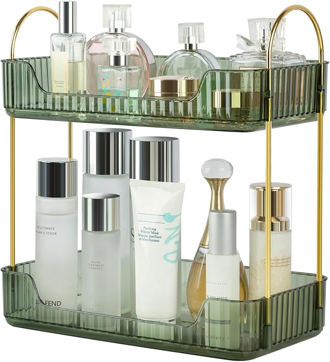 Bathroom Counter Organizer Skincare Organizer Perfume Holder for Dresser Countertop Shelf Bathroom Countertop Tray for Cosmetic Skin Care Lipstick (Green 2-Storey)