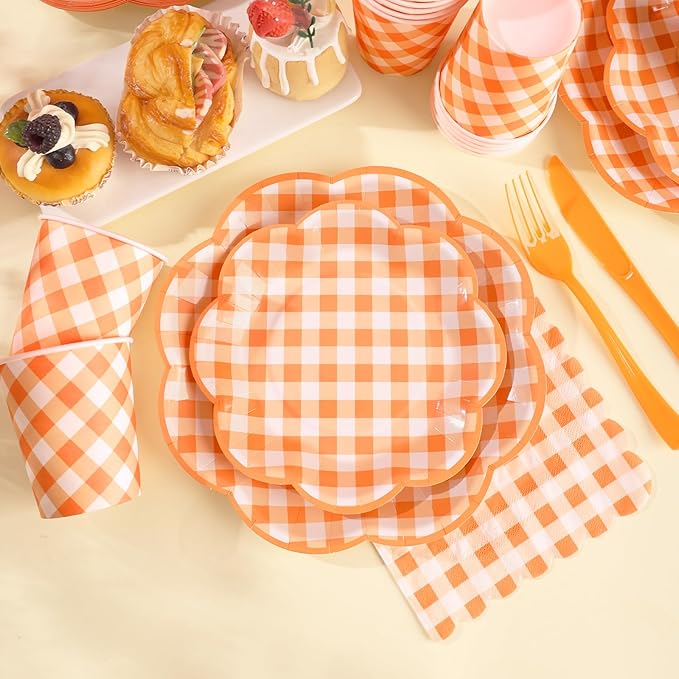 175 Pcs Orange and White Gingham Party Supplies - Orange Gingham Paper Plates and Napkins Sets Serve 25 - Disposable Scalloped Checkered Plates for Birthday Dinner Picnic BBQ Fall Party Decorations