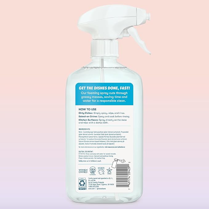 ECOS Foaming Dish Soap, Powerful Spray-On Formula, Saves Water, Wipe & Rinse Dish Cleaner - Hypoallergenic - Free & Clear, 17 Fl Oz (Pack of 4)