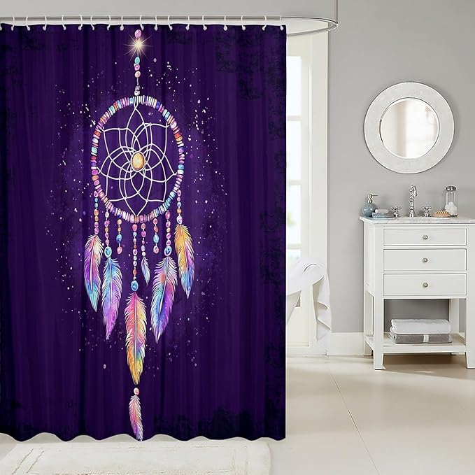 Luxury Dreamcatcher Bathroom Shower Curtain Set Boho Dream Catcher Decor Bath Curtain Colorful Feather Shower Curtain for Stalls Bathtubs Room Decor Purple Waterproof Bathroom Curtains 72x72 Inch
