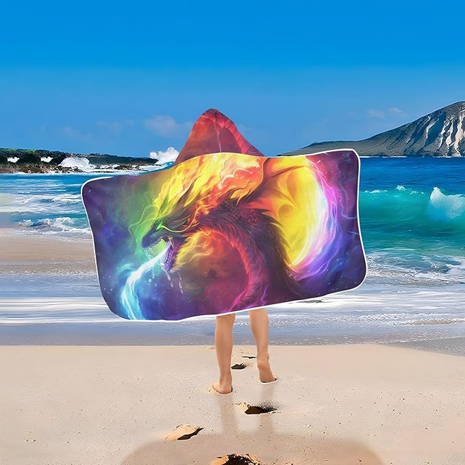 SUABO Kids' Bath Towels Fire Dragon Rainbow Hooded Towels for Boys Girls,Toddler Towels Multi-Purpose for Beach,Pool and Bathroom,23.5" x 50", Soft and Highly Absorbent