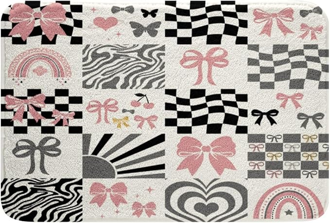 Pink Bowknot Kids Bath Mats,Geometric Plaid Grid Checkered Mats Rugs for Girls,Bow Tie Rainbow Stripe Abstract Bath Carpets,Black White Chic Bath Rugs,Absorbent Floor Mats,20Wx32L Inches