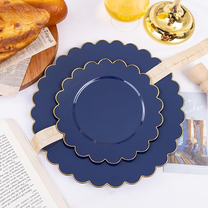 LIYH 60 Pcs Navy Blue Plastic Scalloped Plates with Gold Rim, Blue and Gold Disposable Plates for Party Included 30 Dinner Plate 10.25 30 Dessert Plate 7.5 Inch for Memorial Day,Independence Day