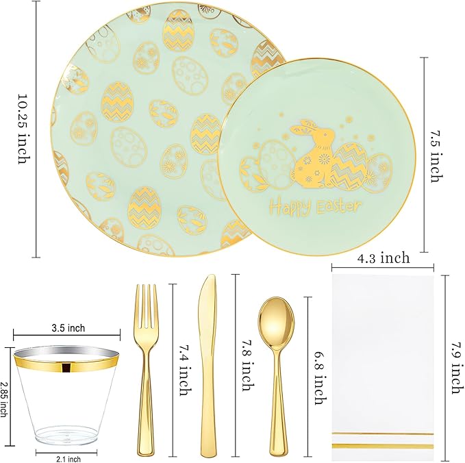 Festiva 175Pcs Easter Plates and Napkins Disposable - Green and Gold Plastic Dinnerware Set for 50 guests include 50 Plates 25Cups 25Plastic Silverware 25Napkins Perfect for Easter Party