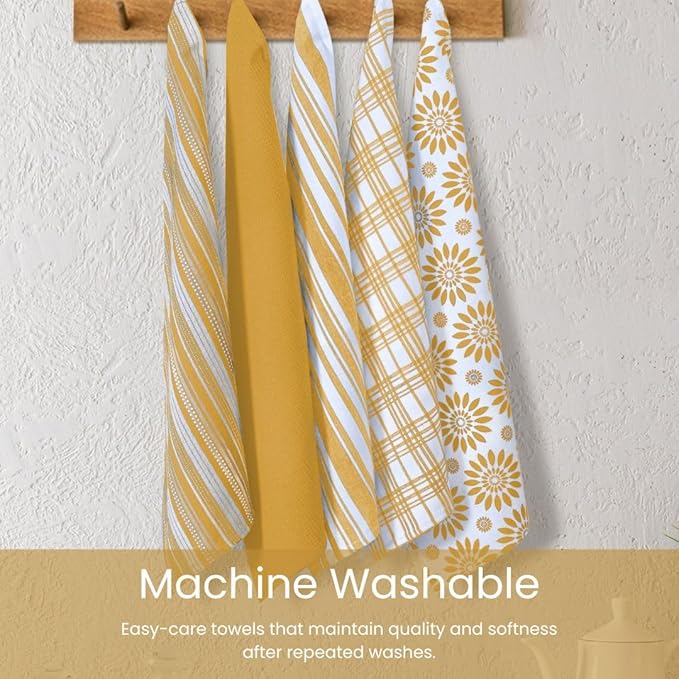 Assorted Kitchen Towels 16x26 inch 100% Cotton Set of 5 - Soft Absorbent Washable Tea Towel for Kitchen - Dish Cloths Towel with Hanging Loop - Quick Drying Dish Towels Mustard Yellow