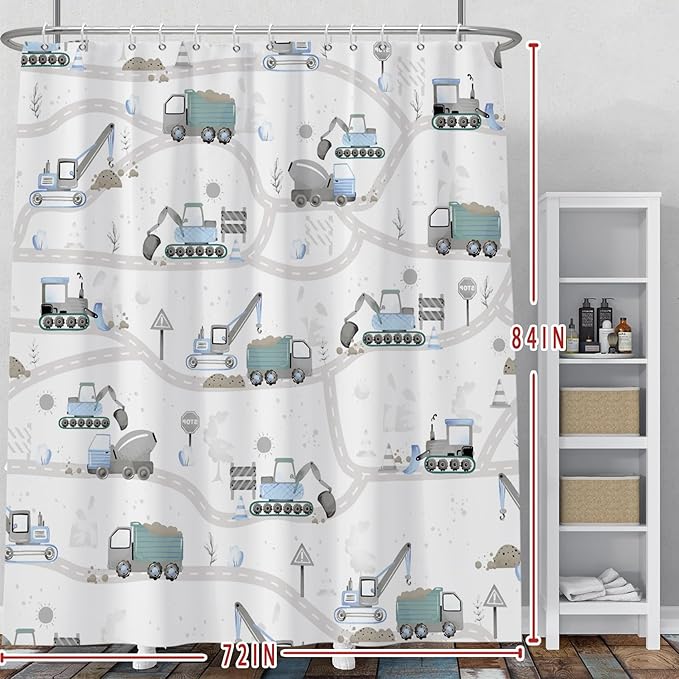 Excavator Kids Shower Curtain Sets Cartoon Construction Truck Tractor Car Bathroom Decor Fabric Polyester Waterproof 72x84 Inches with 12 Hooks for Boys Machinery Vehicle Bath Curtains