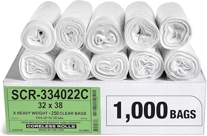 Aluf Plastics 33 Gallon 22 Micron (eq) Premium Clear Trash Bags - 32" x 38" For Office, Kitchen, Bathroom, Commercial, Janitorial, Industrial, & Hospitality (Pack of 1000)