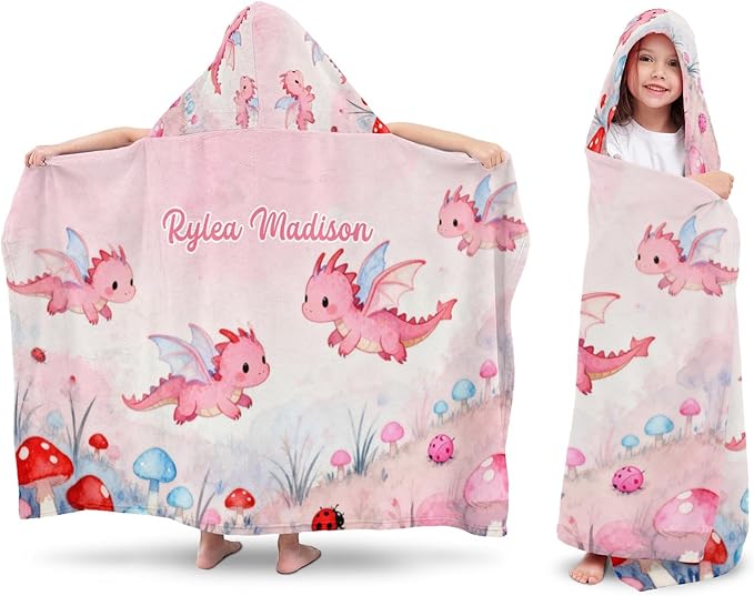 Pink Dragon Mushroom Personalized Hooded Towel Absorbent Wrap Soft Pool Beach Bath Towels Hood Poncho for 5-12 Years Kids Boys Girls