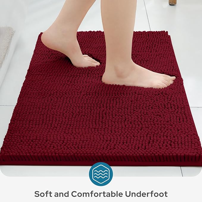 BYSURE Burgundy Red Bathroom Rugs Sets 3 Piece Non Slip Extra Absorbent Plush Chenille Soft Washable Bath Mats