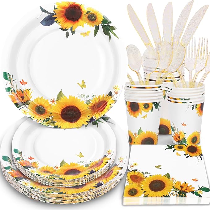 Sunflower Party Decorations-168PCS Sunflower Plates and Napkins Party Supplies,Yellow Paper Plates with Gold Glitter Cultery for Birthday Baby Shower Decorations Serve 24 Guests