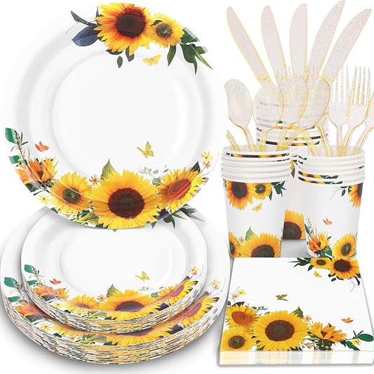 Sunflower Party Decorations-168PCS Sunflower Plates and Napkins Party Supplies,Yellow Paper Plates with Gold Glitter Cultery for Birthday Baby Shower Decorations Serve 24 Guests