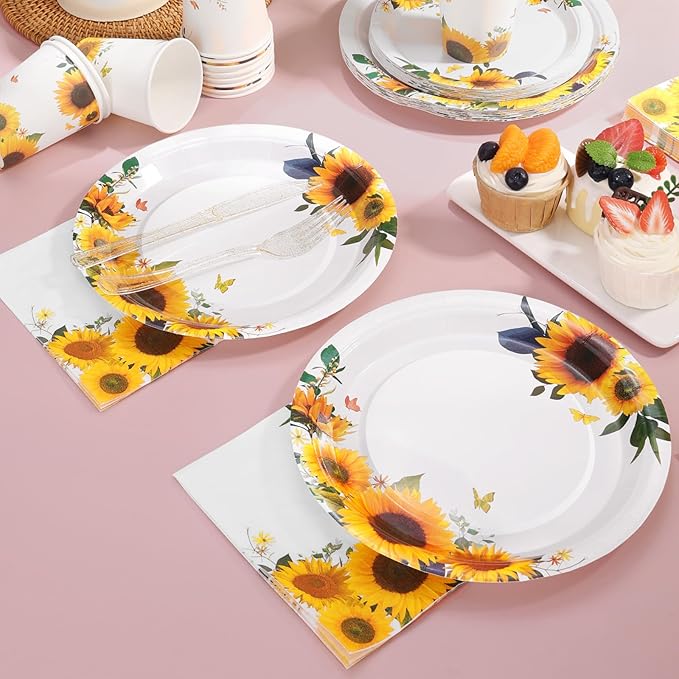 Sunflower Party Decorations-168PCS Sunflower Plates and Napkins Party Supplies,Yellow Paper Plates with Gold Glitter Cultery for Birthday Baby Shower Decorations Serve 24 Guests