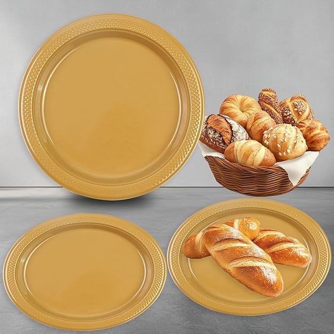 50 Pack Gold Plastic Plates, 7 Inch Disposable Dessert Plates Party Plates for Picnic Travel Birthday Wedding Party Supplies (Gold, 7 Inch)