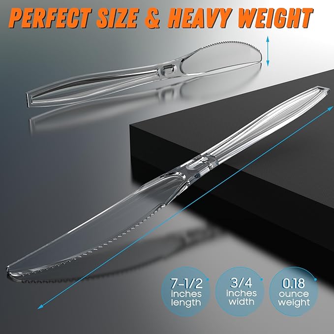 Dipoo 168pc 7.5" Clear Plastic Knives Heavy Duty Upgraded Heat Resistant & BPA Free, Solid and Durable Plastic Cutlery, Premium Disposable Knives, for Party Supply