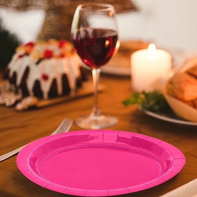 QZYL 50 PCS Paper Plates, Cerise Heavy Duty Party Plates, Round 9 Inches Disposable Paper Dinner Plates, Everyday Use Paper Plates Set for Daily Meals Wedding Christmas Picnic Supplies