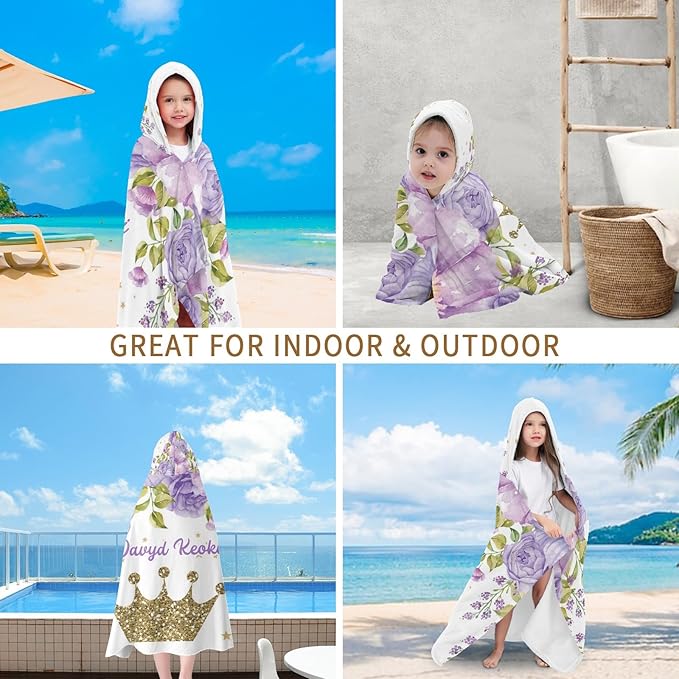 Purple Crown Floral Personalized Kids Hooded Towel with Name Soft Absorbent Beach Pool Bath Towels Hood Poncho for Boys Girls