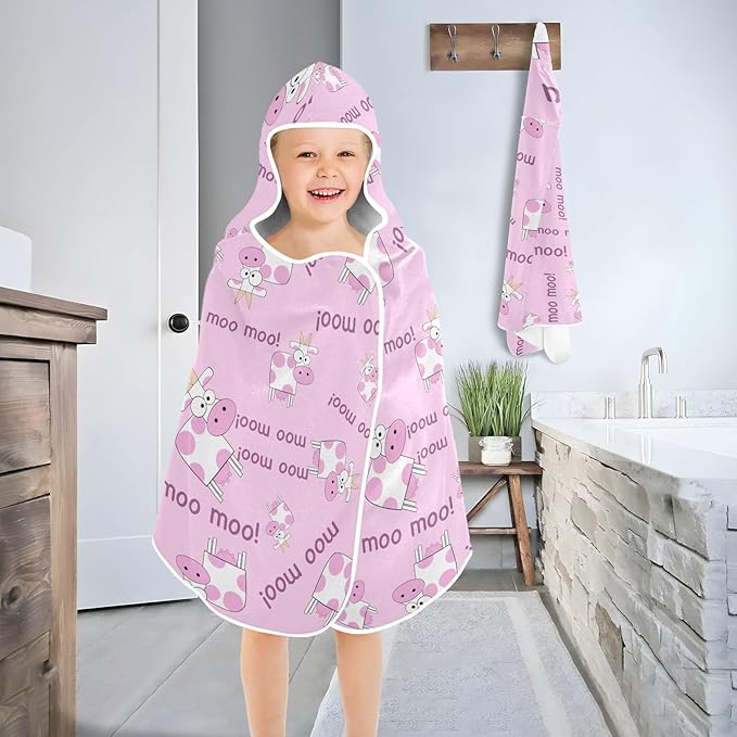 susiyo Kids Hooded Bath Towel Cow Cartoon Pink Beach Towel for Kids 23.5 x 50 Inch Microfiber Soft Absorbent Quick Dry Bath Swim Pool Towel Wrap Poncho Bathrobe with Hood for Kids Toddler