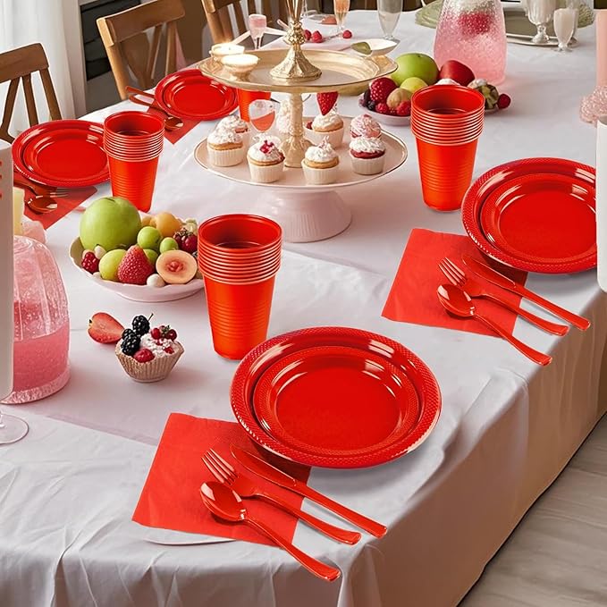 Red Plastic Plates, Graduation Plates Set,Disposable Plastic Dinnerware for Graduation Party Wedding Birthday,Serve 25 Guests