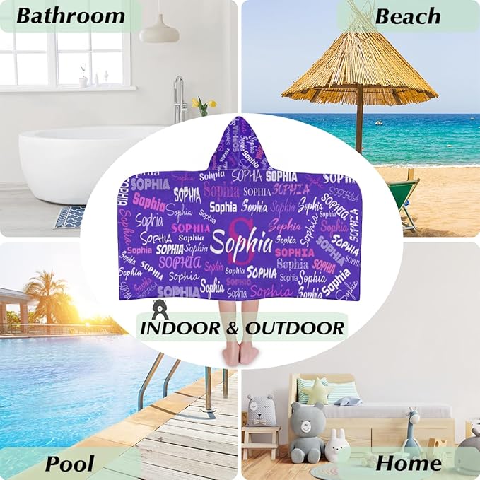 Personalized Hooded Bath Towel Wrap - Large Hooded Kids Towel Toddler Shower Pool Beach Towel Soft Plush Absorbent Quick Dry Towel, 24x50in, Dark Orchid Purple Color