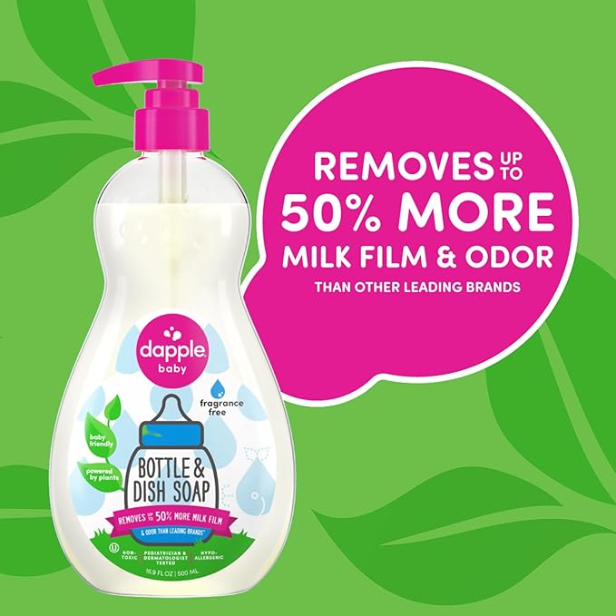 Dapple Baby Fragrance-Free Foaming Bottle & Dish Spray - (2 Pack) 16.9 fl oz - Plant-Powered Cleaner for Baby Bottles, Pump Parts, and Sippy Cups - Includes 1 Pump