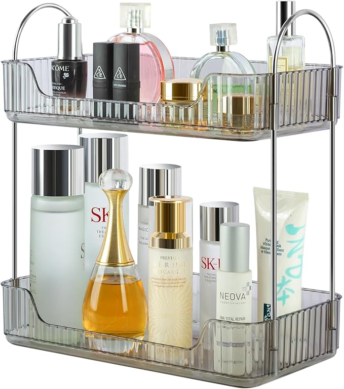 Bathroom Counter Organizer Skincare Organizer Perfume Holder for Dresser Countertop Shelf Bathroom Countertop Tray for Cosmetic Skin Care Lipstick (Gray 2-Storey)