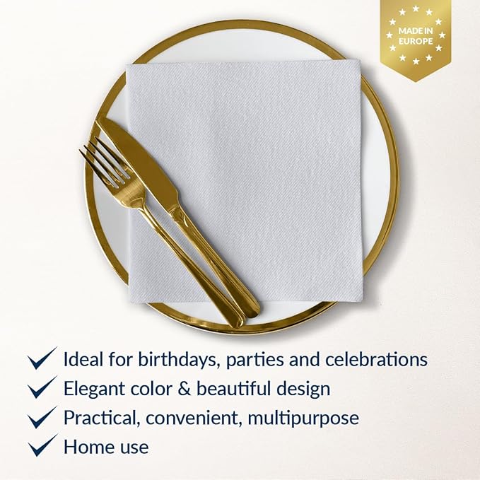 PAW - 50 Pieces Airlaid Paper Linen-Feel Napkins 16" x 16", Monocolor Disposable Cloth-Like Napkins, Elegant Silver Dinner Napkins for Kitchen, Party, Wedding, Gatherings, Christmas