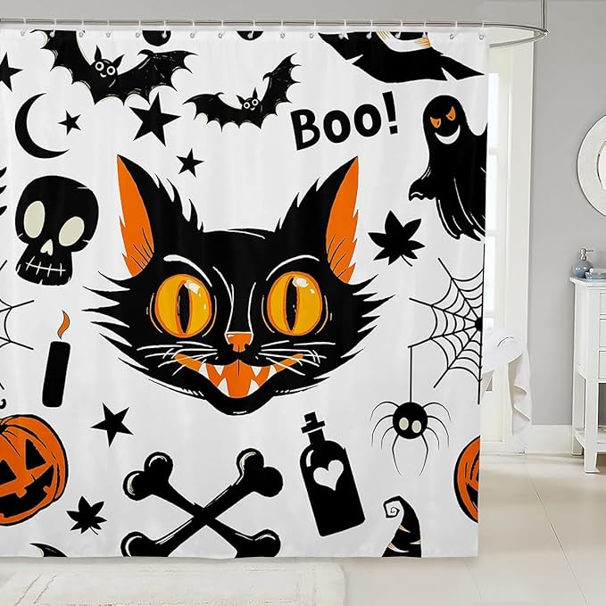 Halloween Cartoon Cat Shower Curtain,Cat Bat Pumpkin Lantern Spider Web Bath Curtain for Kids Bathroom Decor,Watercolor Moon and Star Print Waterproof Shower Curtain 72" Wx84 L