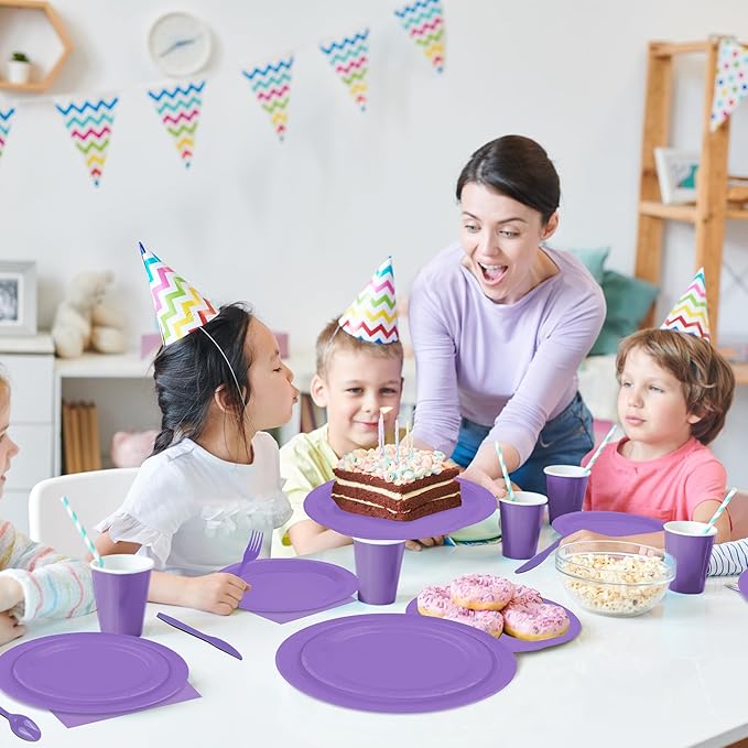 228PCS Lavender Party Supplies Set Include Paper Plates Cups Paper Napkins Plastic Spoons Forks Knives for 30 Guests Disposable Party Dinnerware for Birthday Wedding Family Picnic