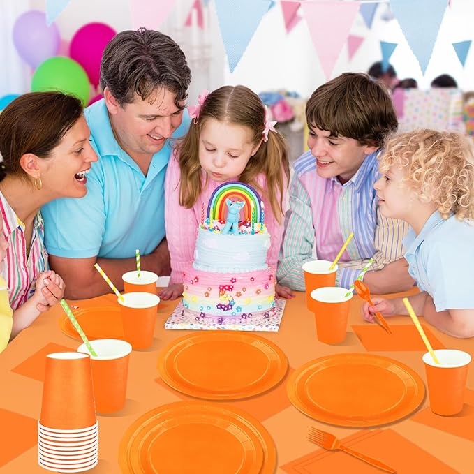 229PCS Orange Party Supplies Set Paper Disposable Plates Cups Plastic Spoons Forks Knives Orange Napkins for 30 Guests Disposable Party Dinnerware Sets for Wedding Birthday Parties