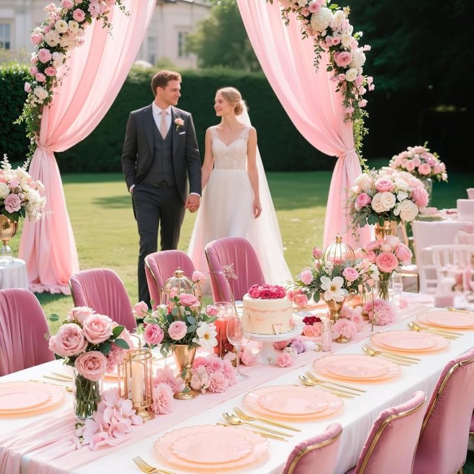 LIYH 120 Pcs Pink Plastic Plates Disposable Set Includes 60 Dinner Plate 10.25" & 60 Dessert Plate 7.5" with Elegant Gold Rim for Party Birthday Baby Shower