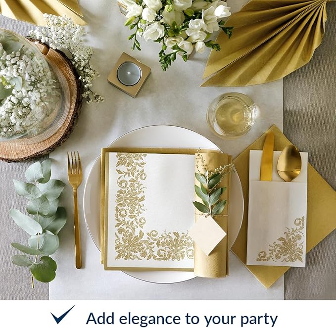 PAW - Linen Feel Napkins with Built-in Flatware Pocket, Soft and Absorbent Paper Pre-Folded Napkins with Golden Ornament, Elegant Guest Towels, Wedding Party, Dinner, Birthday, Gatherings, 50 Count