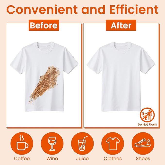 Stain Remover Wet Wipes Bulk, Individual Wrapped Clothes Portable Travel Messy Eater Cleaning Laundry Stain Removal Wipes Pocket Size for Clothing Fabric/Shoes/Wine/Fast Food 7.1 x 4.7 Inch(Orange100)