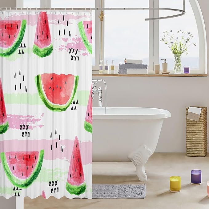 Manfei Kids Watermelon Shower Curtains Summer Fruits Theme Bathroom Curtains for Girls Room Decor, Watercolor Watermelon Waterproof Bath Curtains with 12 Hooks Suits for Bathtub, 72" W x 72" L